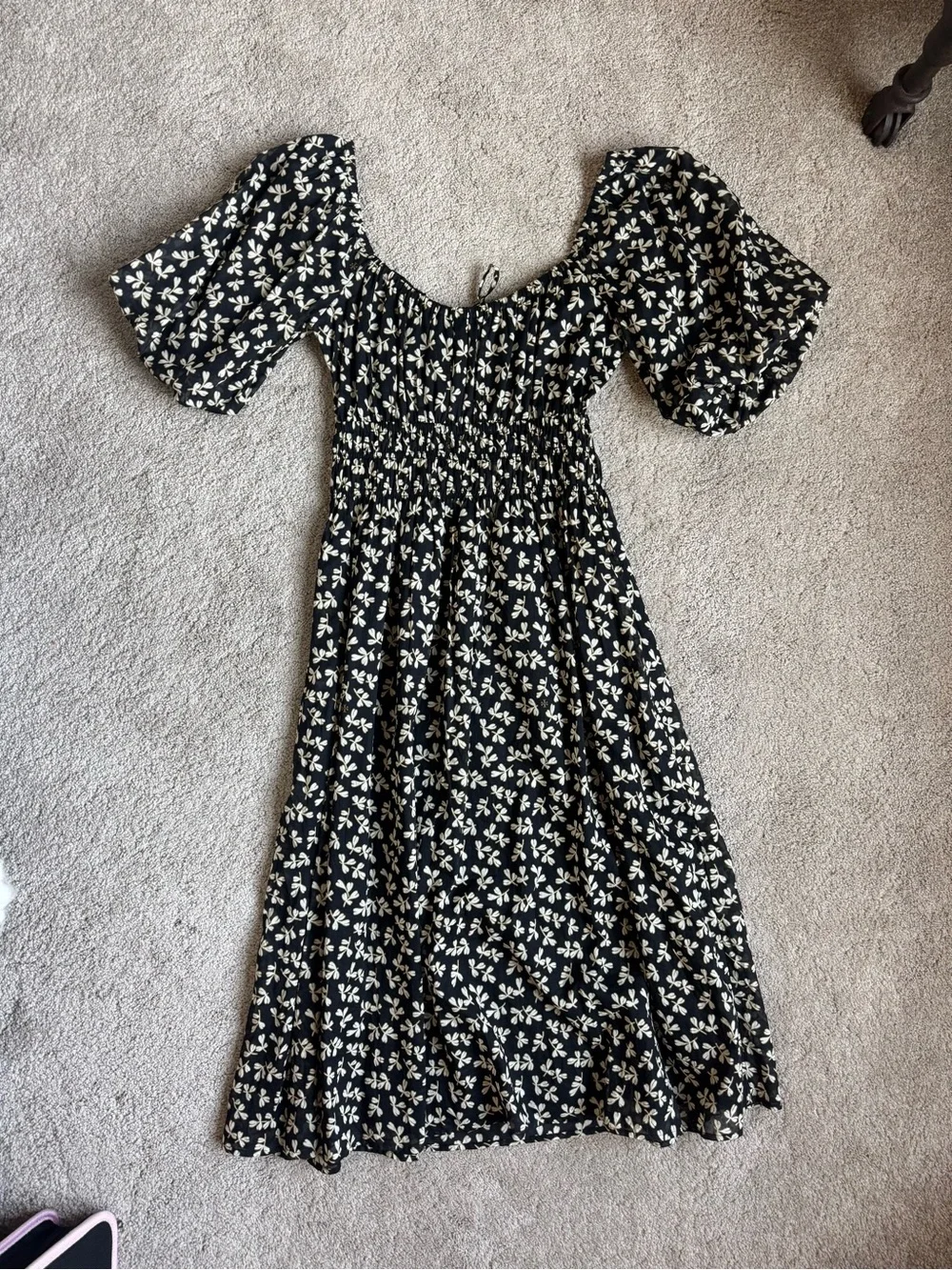 Tory Burch Black Midi Dress with Cream Floral Print, Size Small